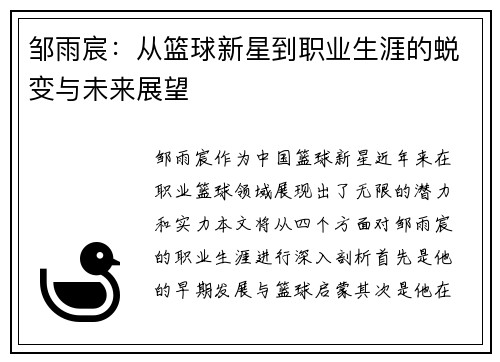 邹雨宸：从篮球新星到职业生涯的蜕变与未来展望